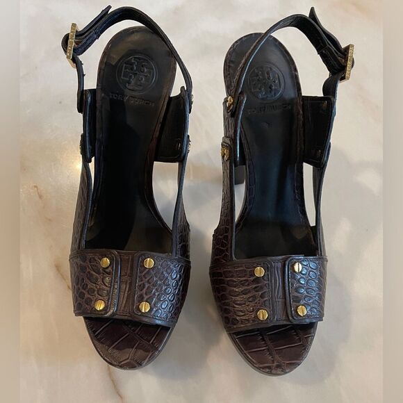 Tory Burch Monique Americana Brown Embossed Crocodile Peep Toe Sandals 10 M - Picture 2 of 9